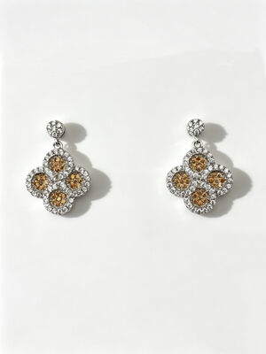 Orecchini CZ in argento 925 placcato rodio con pietre CZ color champagne scuro a forma di fiore portafortuna rotondo