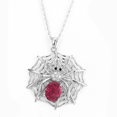 Sterling Silver Spider Web Pendant Ruby Swarovski Gemstone Necklace rosso