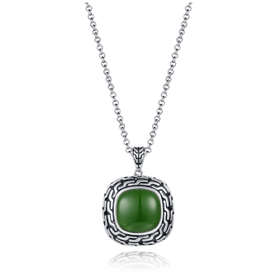 verde d'argento Jade Pendant del cuscino della Catena 14x14mm della perla del pendente della pietra preziosa 9.48g 925