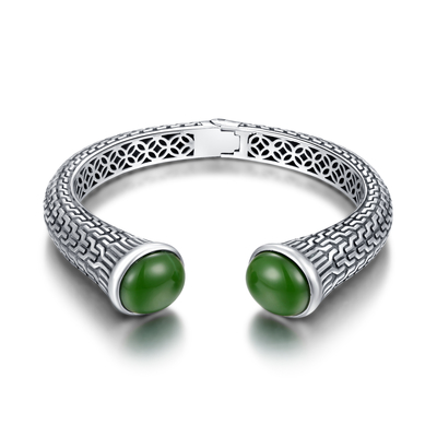 Cabochon 925 Sterling Silver Gems Bangles 12x14mm Jade Stone verde ovale