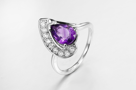 Anello di pietre preziose nautiche di amatista rivestito di rodio 5.23g 925 Anello da donna in argento