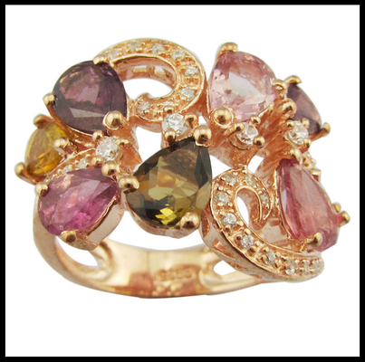 Elegant Round YG Plating Tourmaline Gemstone Anelli 925 Anelli d' argento per donne Anelli di promessa in argento sterling