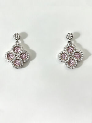 Orecchini d'argento caldo d'estate Sterling CZ Spigoso Lucky Four-Leaf Clover Colorato Pesce Rosa+Bianco CZ Adatto per eventi occasionali e formali Dangle Orecchino Stud Back, Carino Orecchino d'argento Sterling