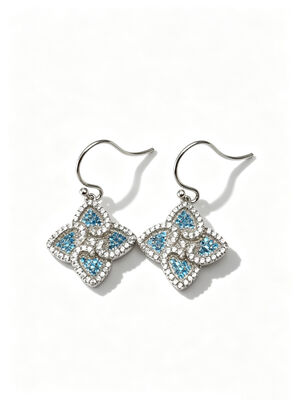 2026 Orecchini d'argento estivi Sterling CZ Punteggiato Lucky Four-Leaf Clover Colorato Acquamarino + Bianco CZ Adatto per eventi occasionali e formali Dangle Orecchino Anello, Moda Sterling Orecchini d'argento