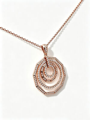 Oro Rosa 925 Argento CZ Ciondolo Geometrico Stratificato Ottagono Pavé RG 1.5mm Catena Rolo Fabbrica di Gioielli Pietre Pavé Bianche AAA CZ Diametro 25mm Misura 6.40g Peso Totale Collana 4 Cerchi Stratificati
