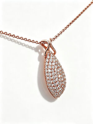 2027 Ciondolo a Goccia, Pietre Micro Pavé Complete, Montatura in Argento Lucidato, Elegante Design con Passante Intrecciato Argento 925 Catena Rolo CZ RG 1.5mm Alta Brillantezza Altezza 29mm 5.65gram Oro Rosa