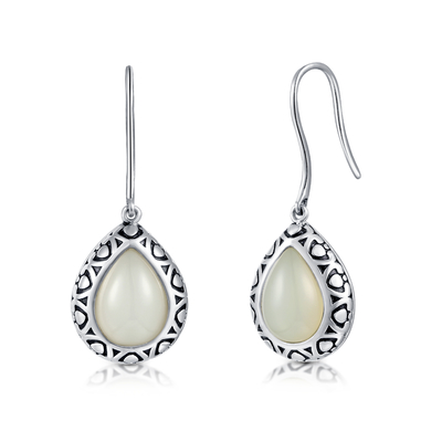 925 giada bianca a forma di pera scolpita di Sterling Silver Gemstone Earrings 5.63g